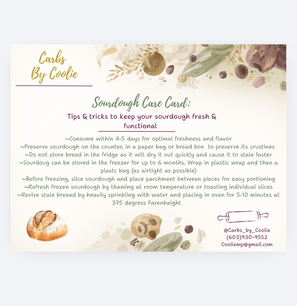 The Carbs by Coolie sourdough care card, with watercolour wheat and a rolling pin